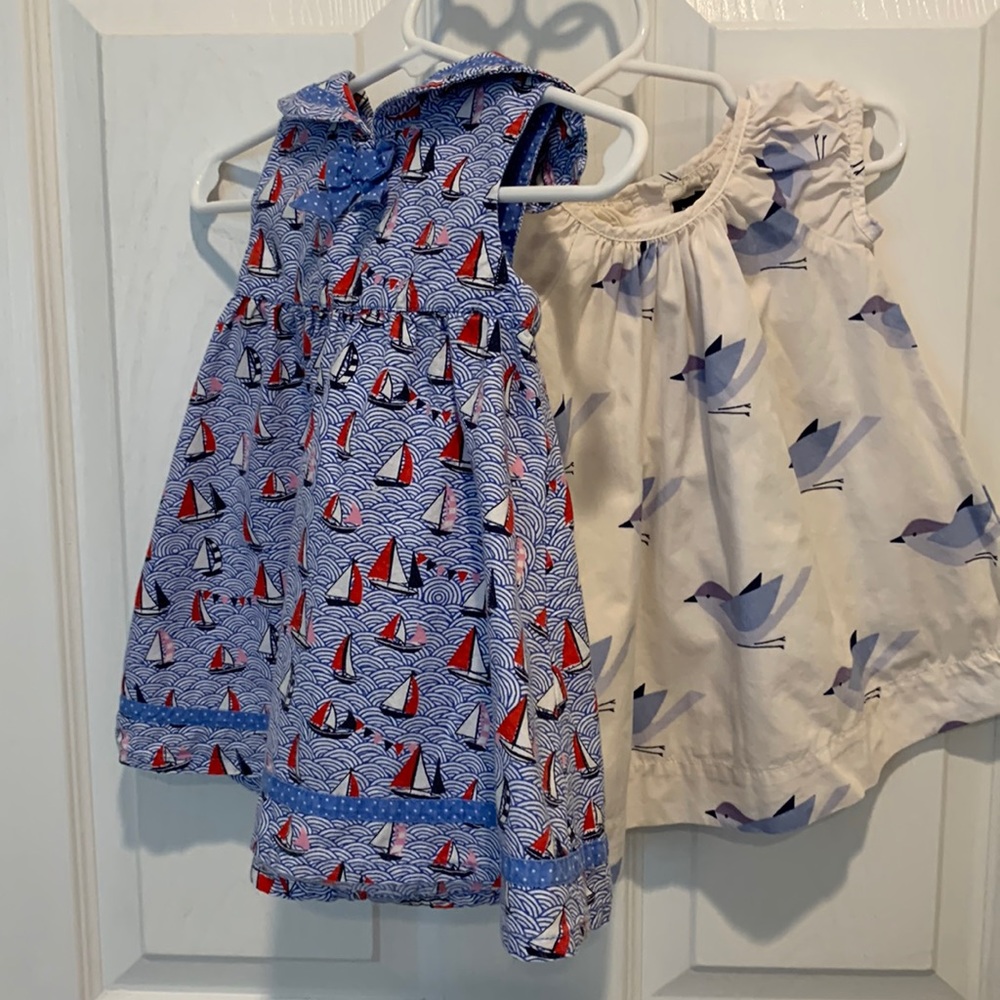 Gap and JoJobMaman dresses. Matching shorts. Blue and white cardigans.